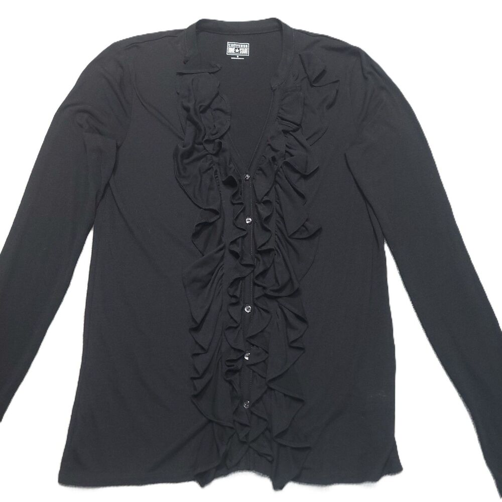 Converse One Star Ruffle Button Front Blouse Womens S Black Long Sleeve Top